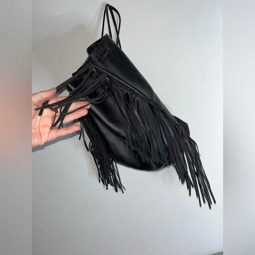 Victoria's Secret Fringe Bucket Bag Drawstring Black Faux Leather Large NWOT - Picture 7 of 16